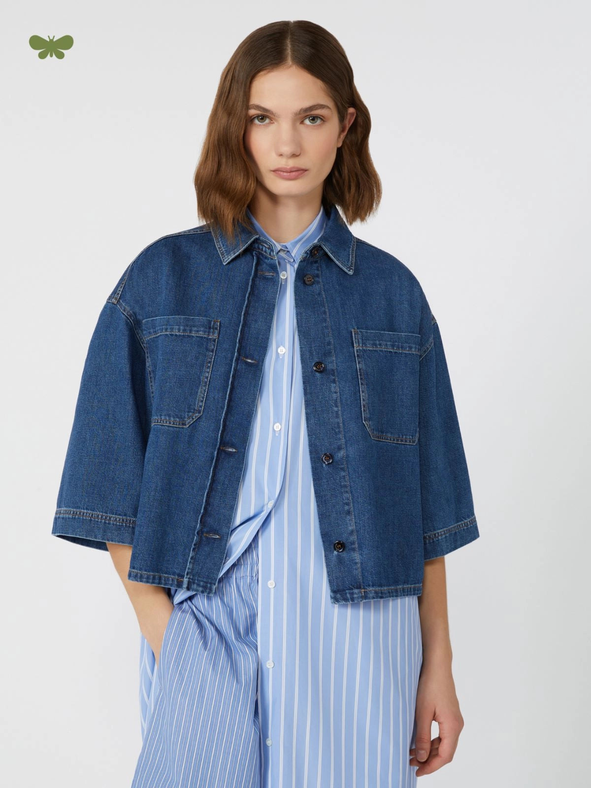 ENZA CROPPED DENIM SHIRT, MEDIUM BLUE