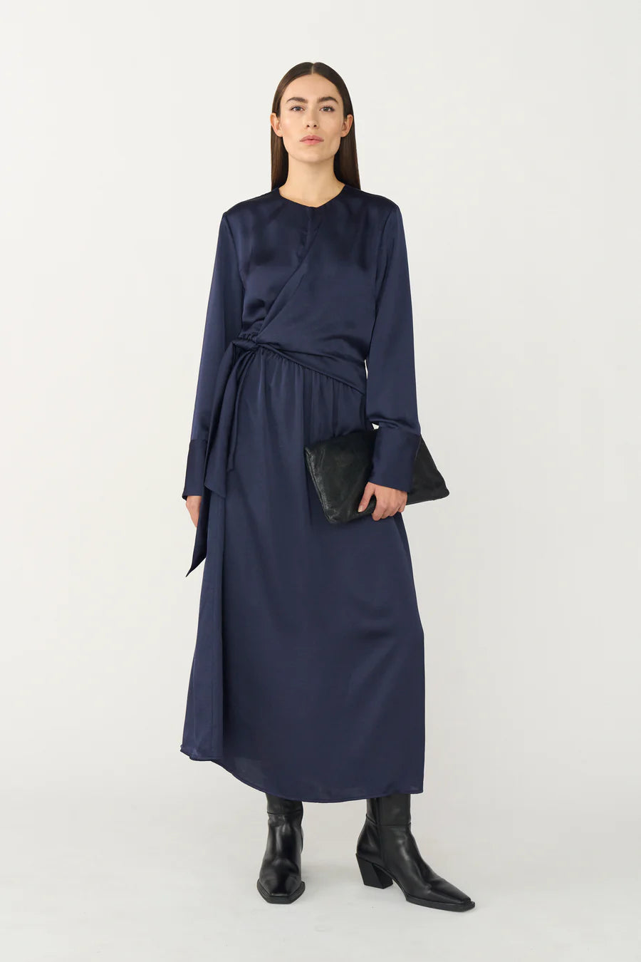PD-Iris Satin Dress, Deep Navy Blue