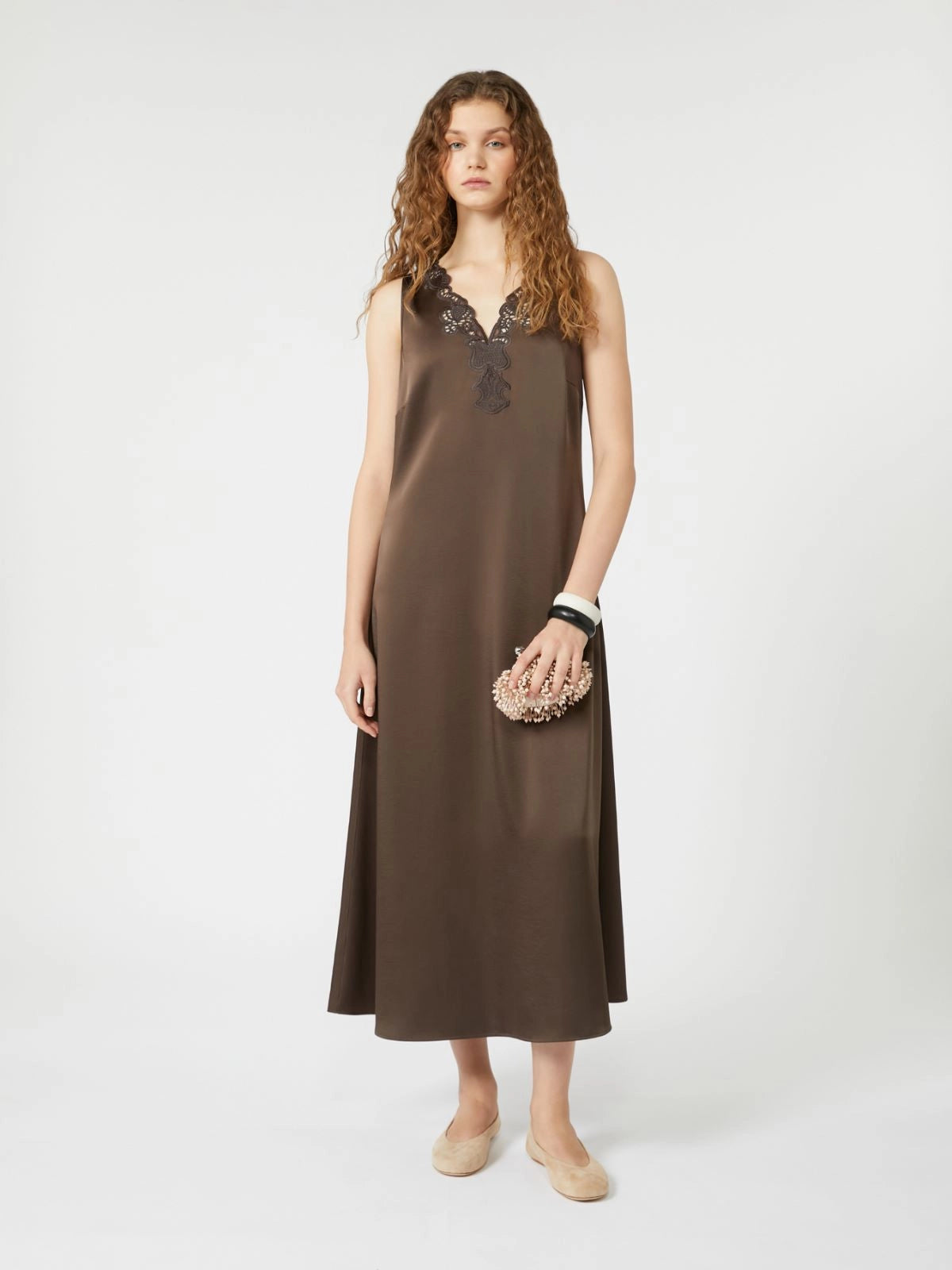 CANOSSA SATIN DRESS, CHOCOLATE BROWN