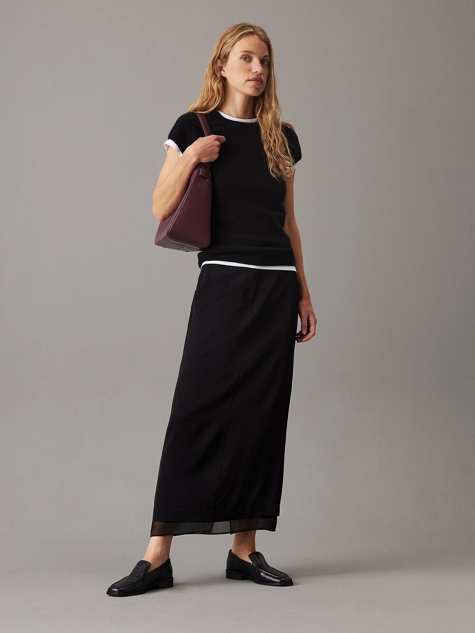 Sheer Panel Layer Ankle Skirt, CK Black