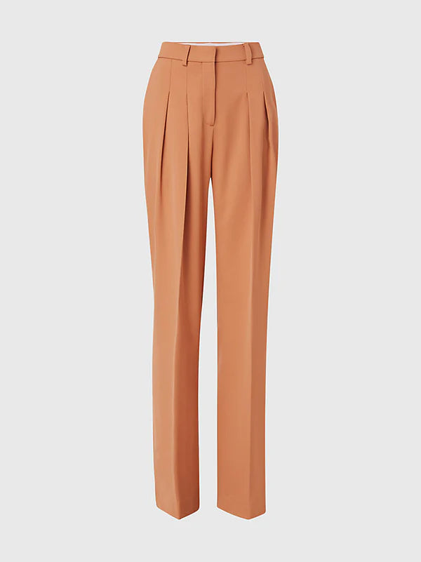 WOOL TWILL PLEATED STRAIGHT PANTS, PALE TERRACOTTA