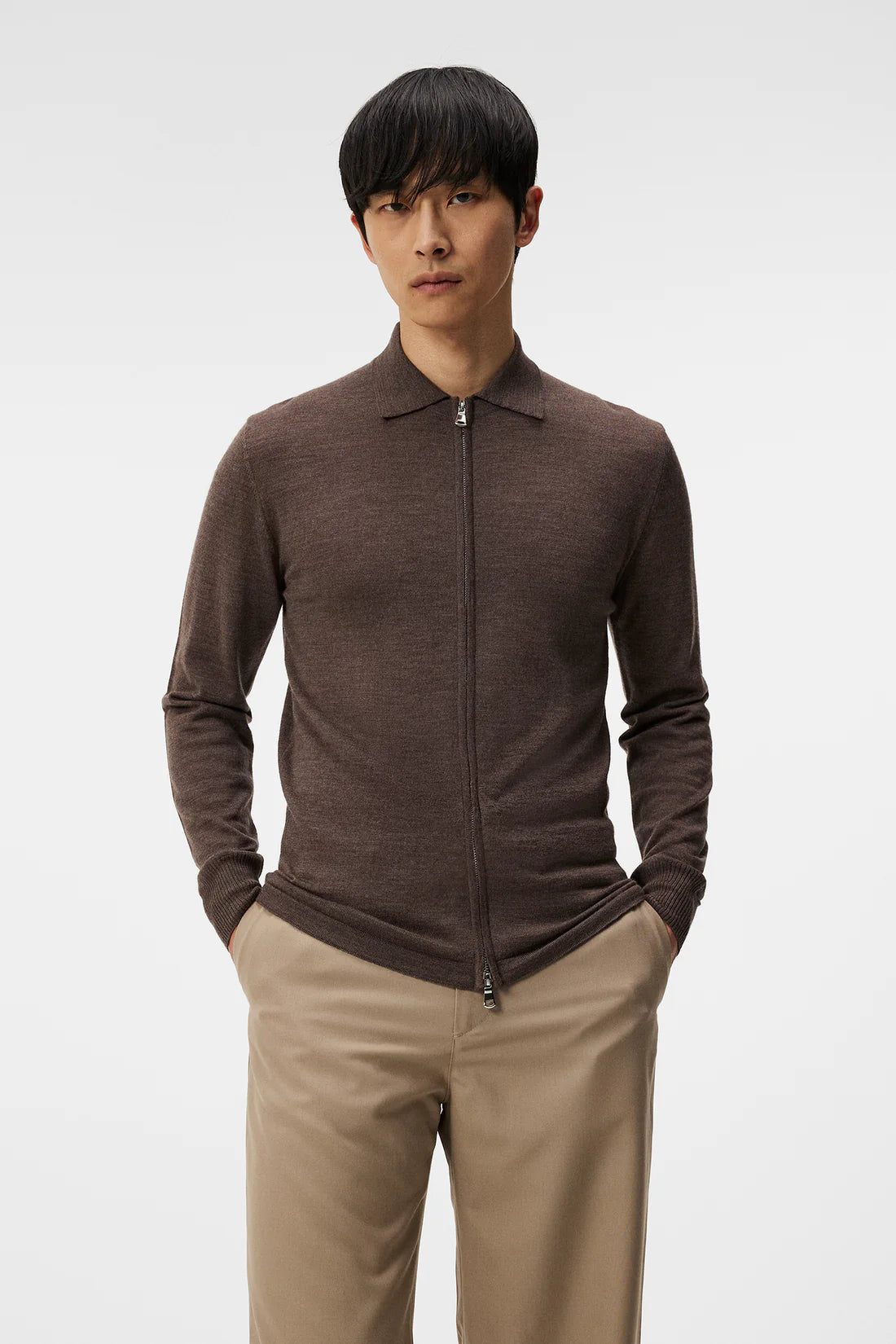 Nyle Light Merino Zip Cardigan, Walnut Melange