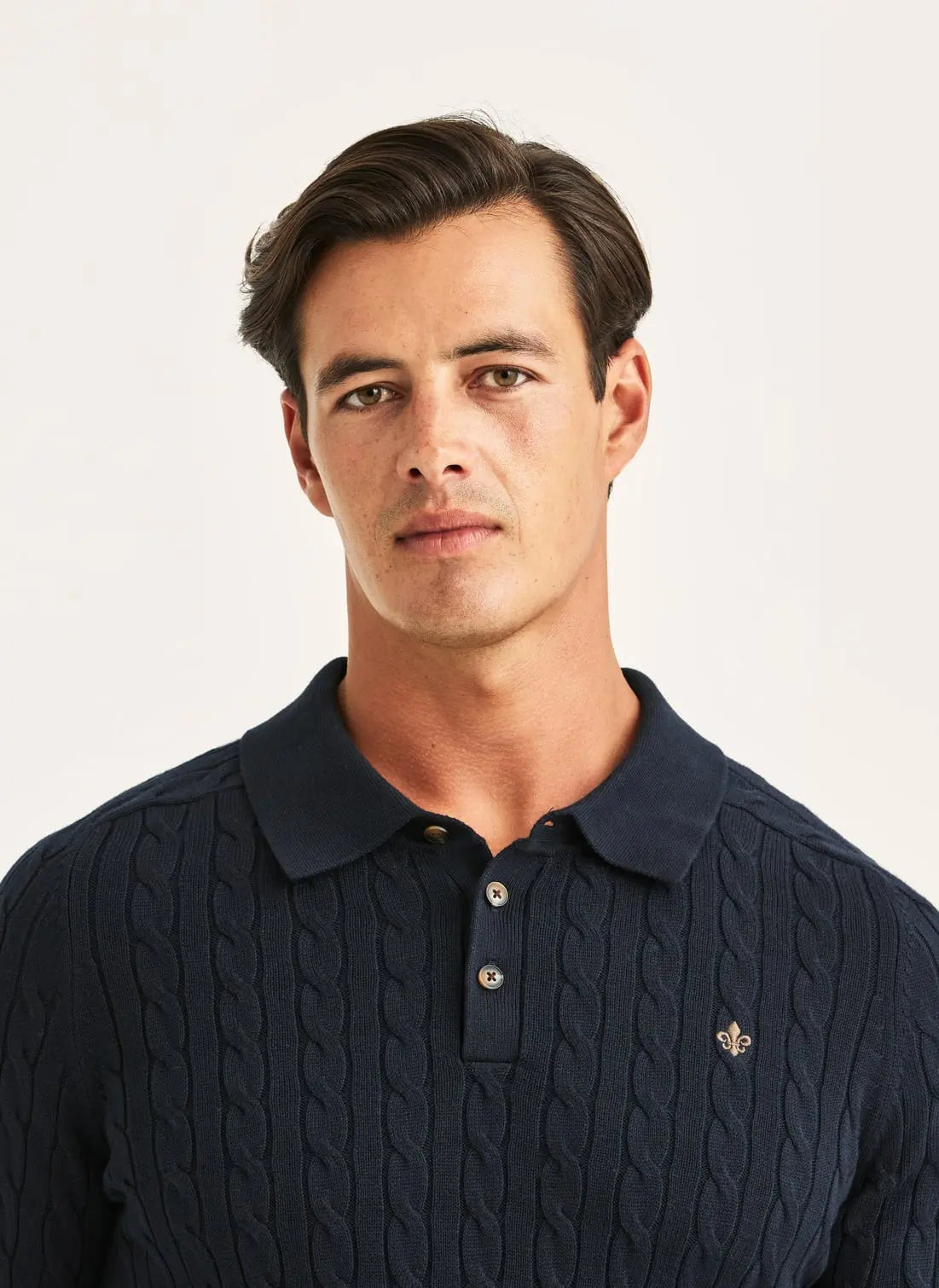 LANCASTER CABLE KNIT POLO, OLD BLUE