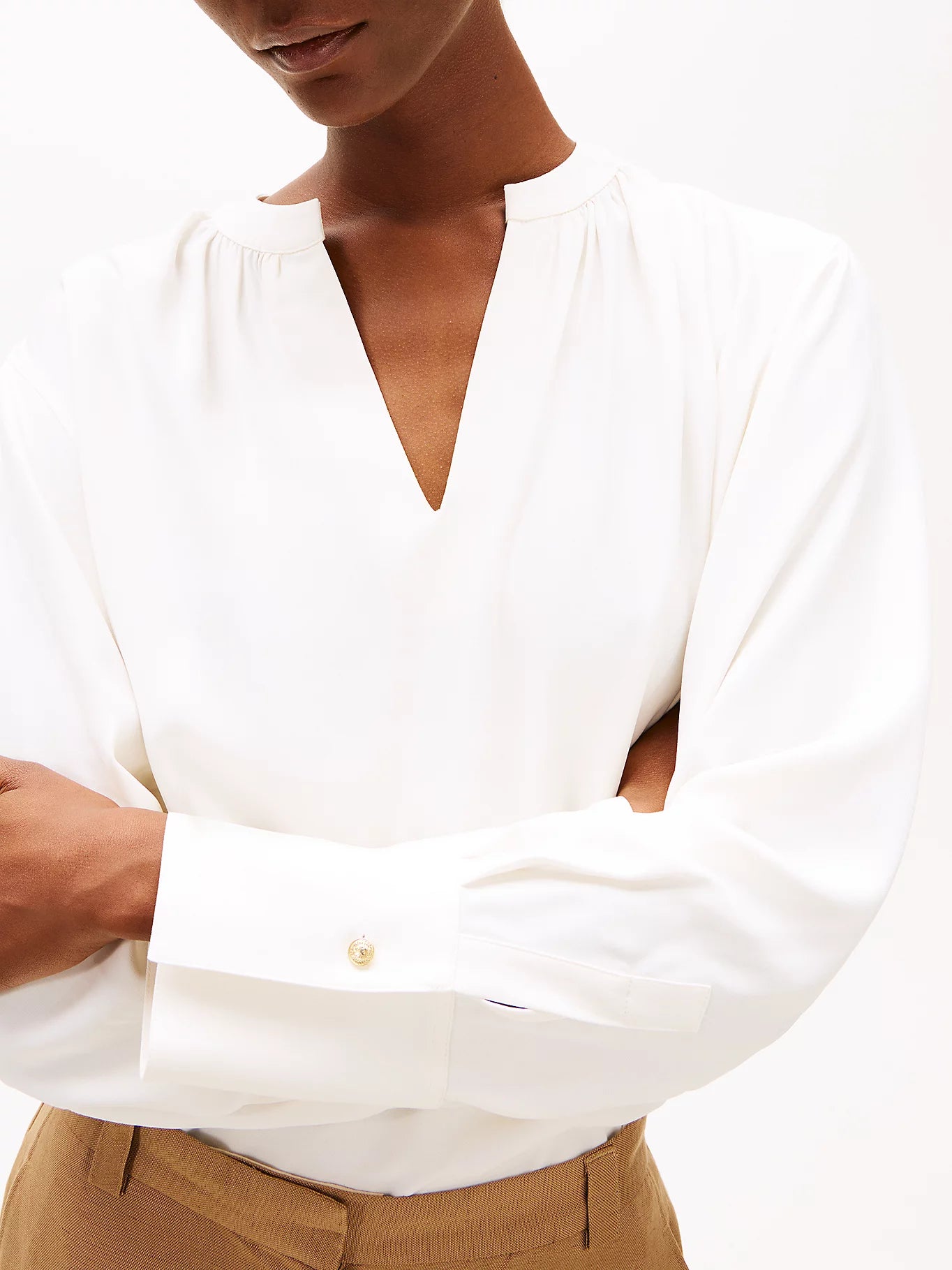 Soft Viscose V-neck LS Blouse, Ivory Petal
