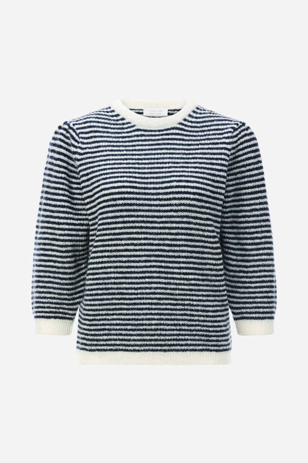 Striped Crew Puff Sleeves, Midnight Blue