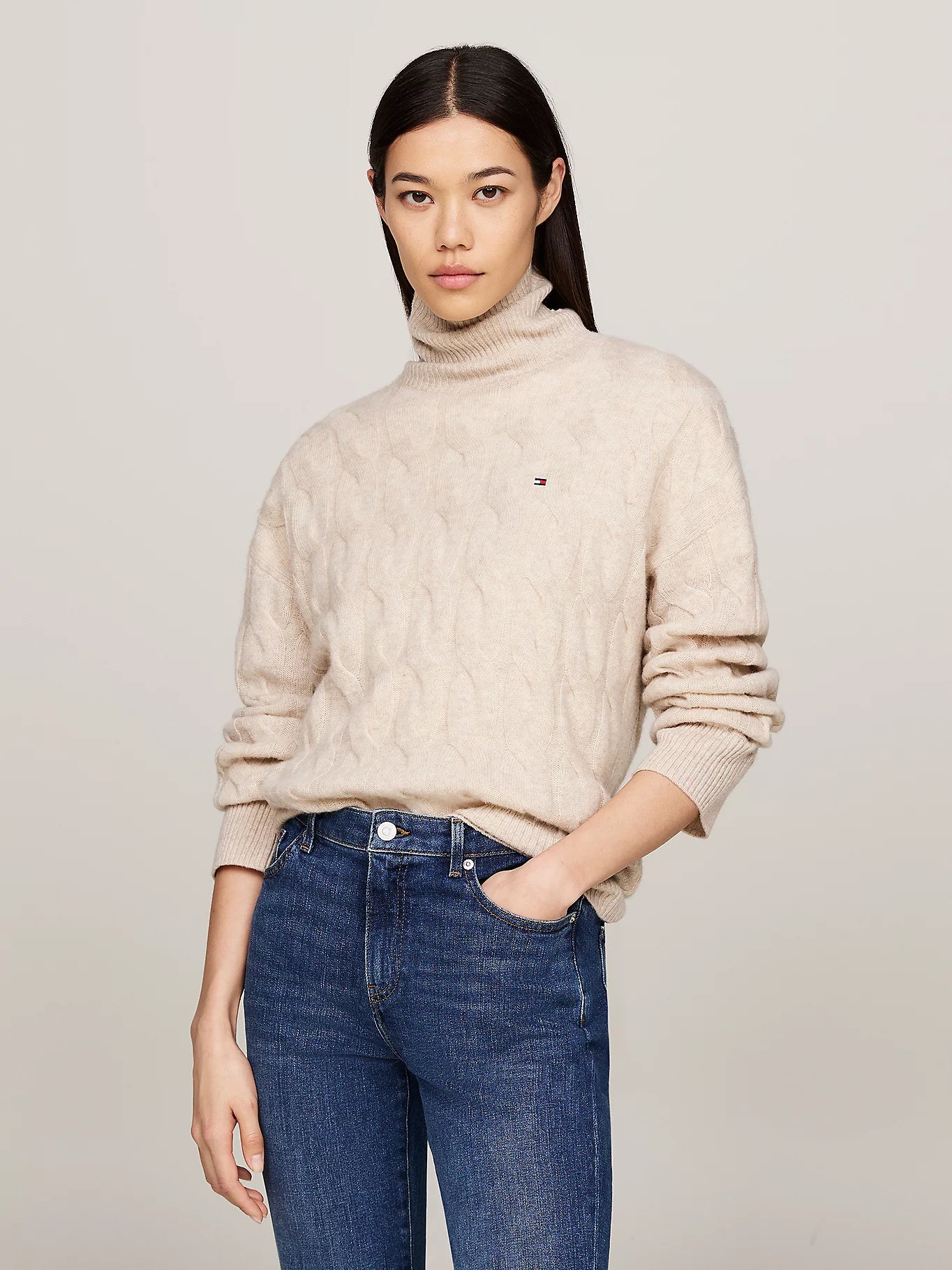Soft Wool Cable Roll Neck, Classic Beige Heather