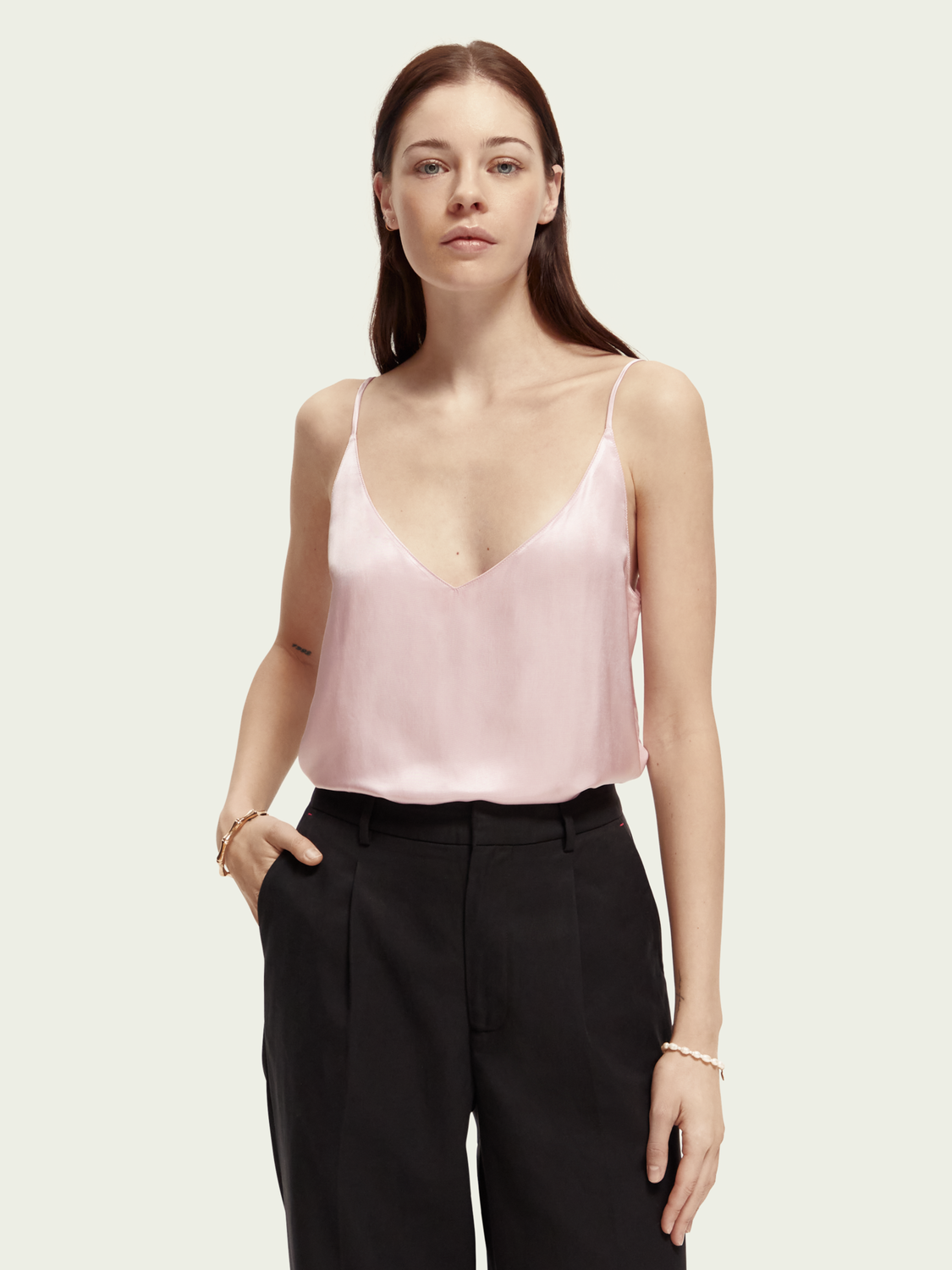 Woven/jersey V-neck tank, lavender