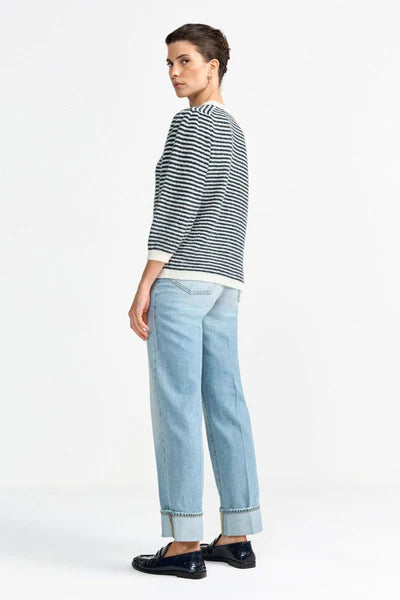 Striped Crew Puff Sleeves, Midnight Blue