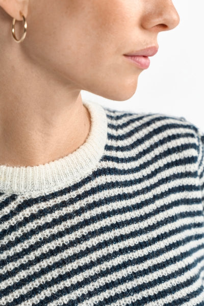 Striped Crew Puff Sleeves, Midnight Blue
