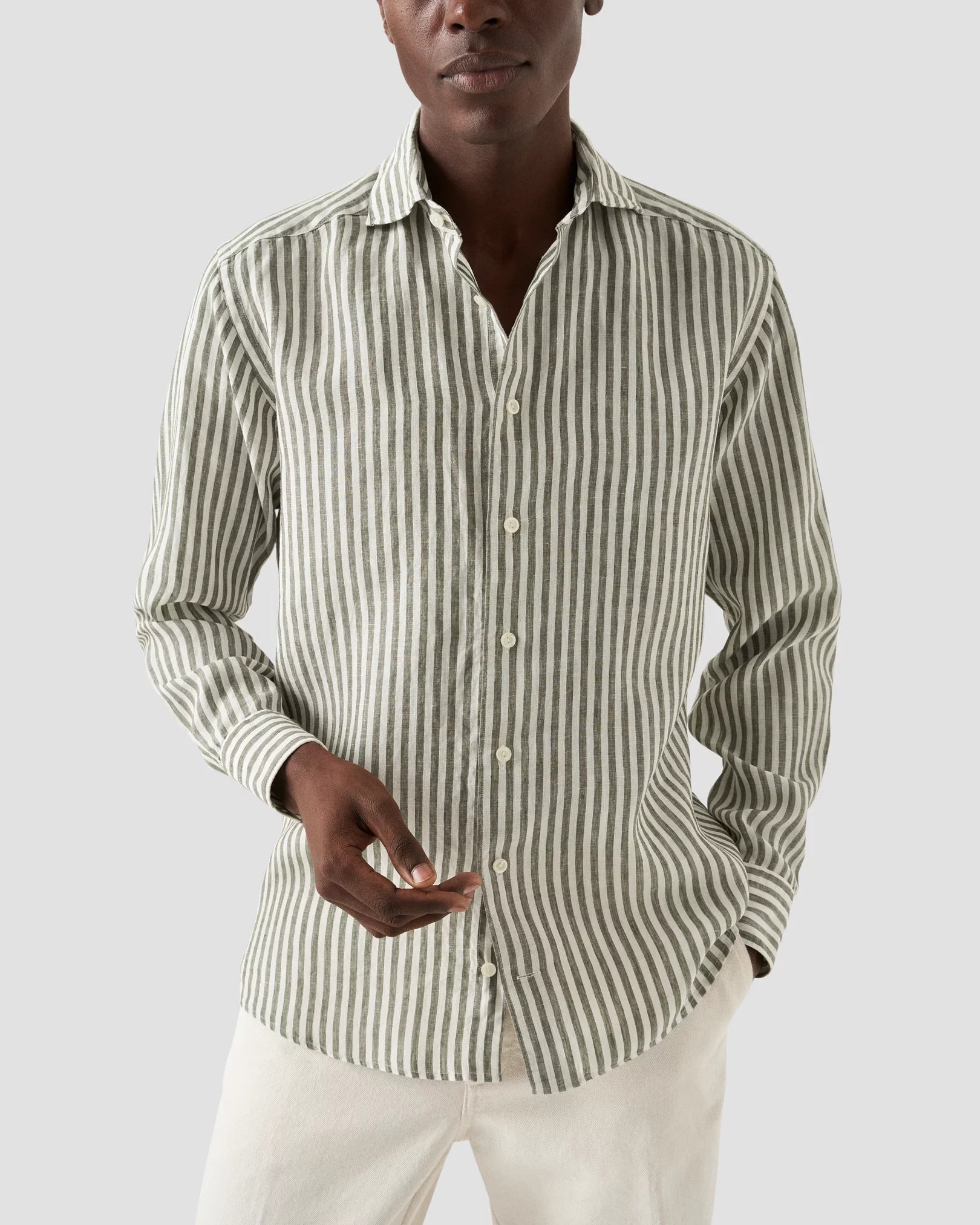 Striped Linen Shirt, Slim, Green