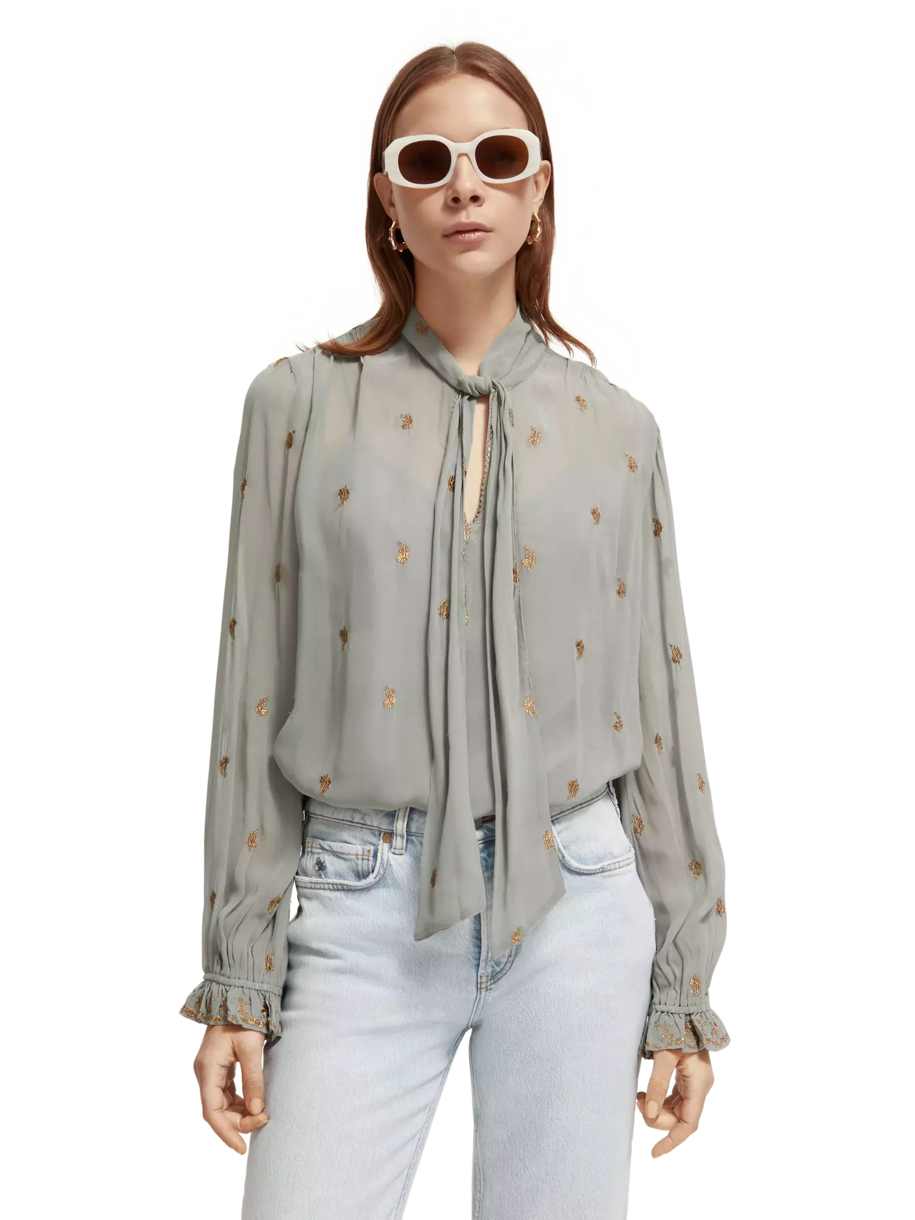 Embroidered Top with Neck Tie (grey)