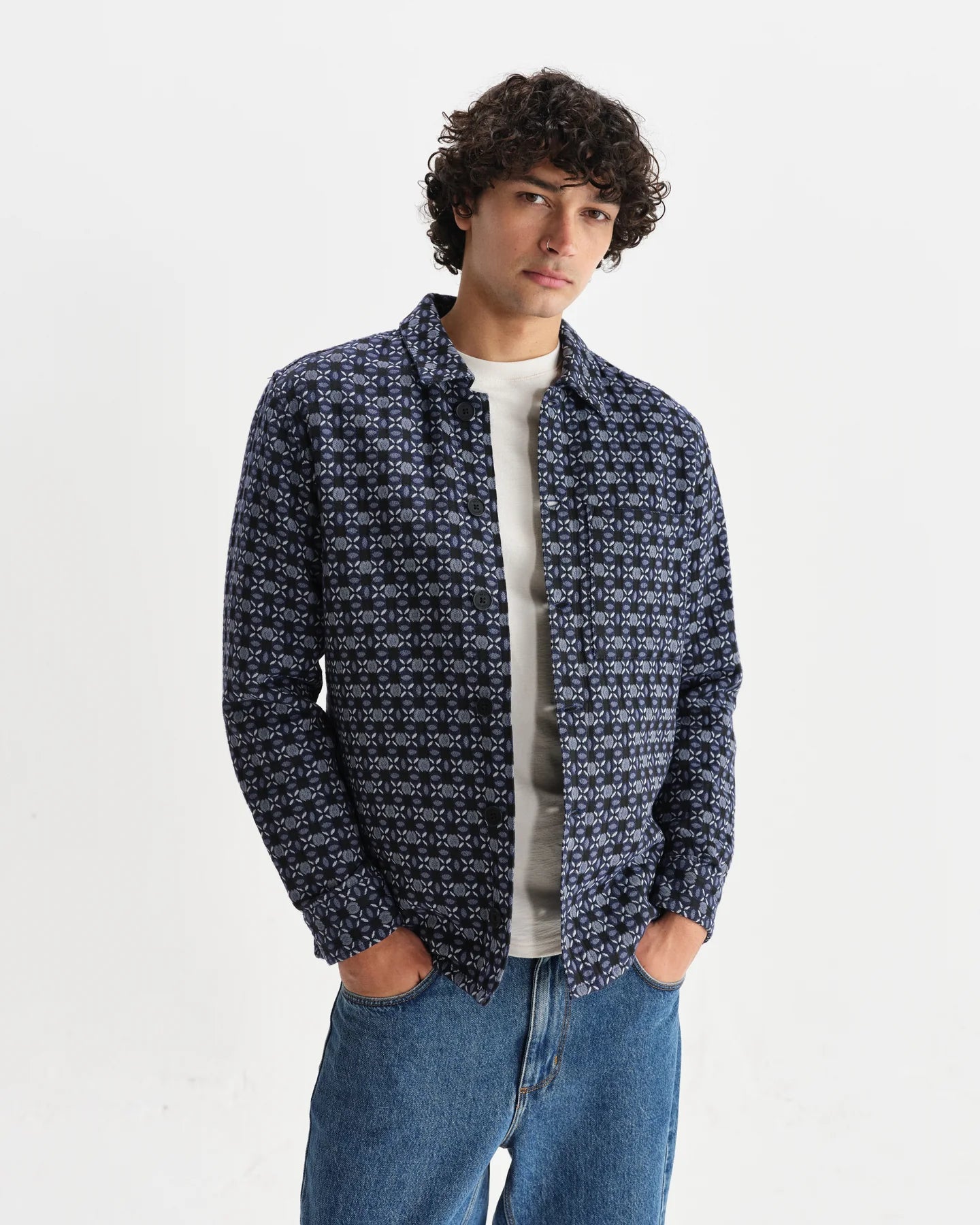 ROCKLEY GEOMETRIC JACQUARD OVERSHIRT, NAVY