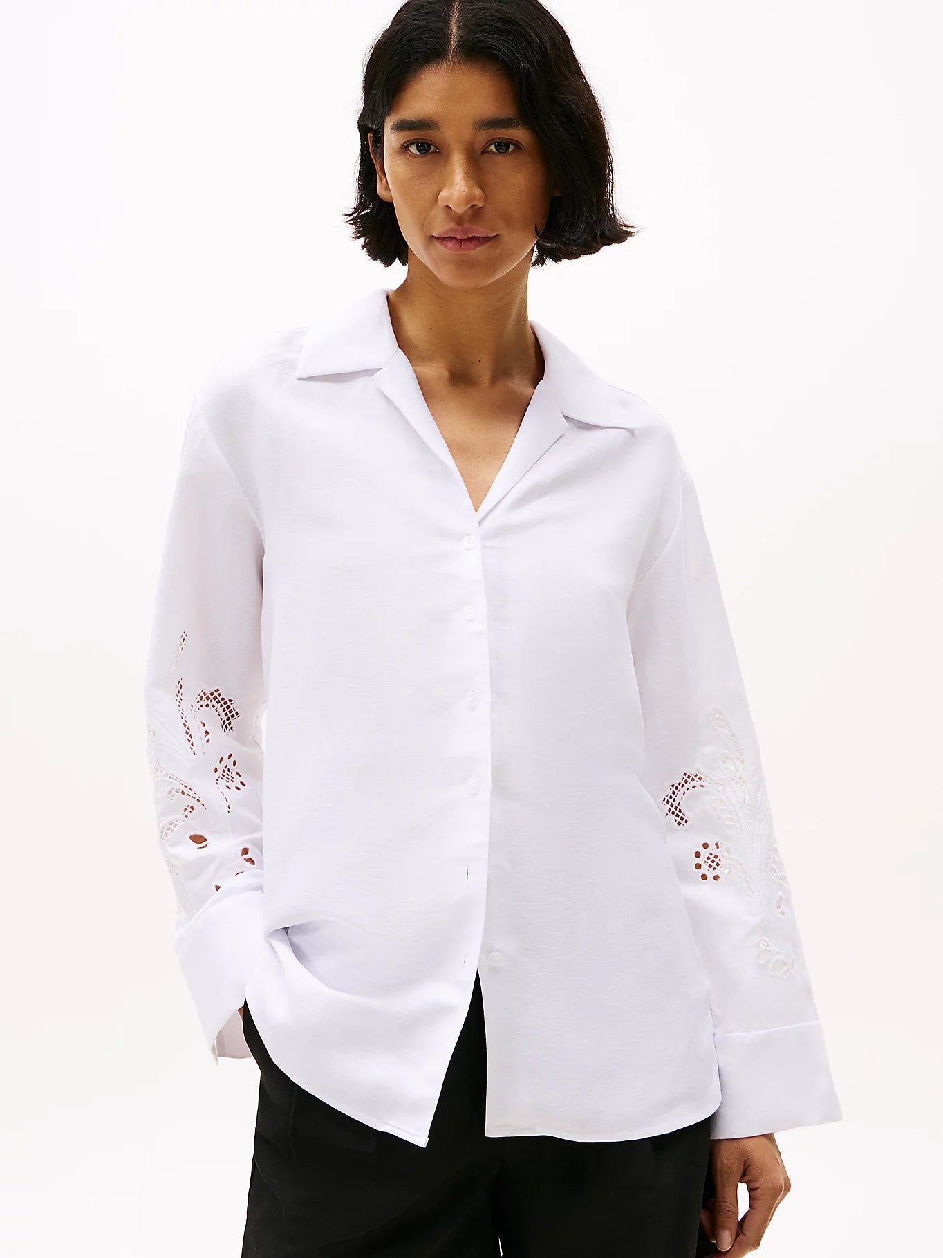 Broderie Anglaise Linen Shirt, Optic White
