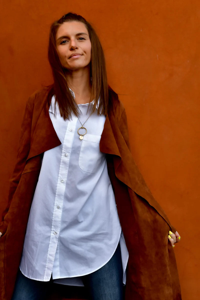 LONG SUEDE CARDIGAN, COGNAC