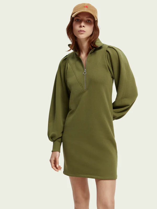 ZIPPED NECK SWEAT DRESS W/PUFFED SLEEVES, DARK OLIVE