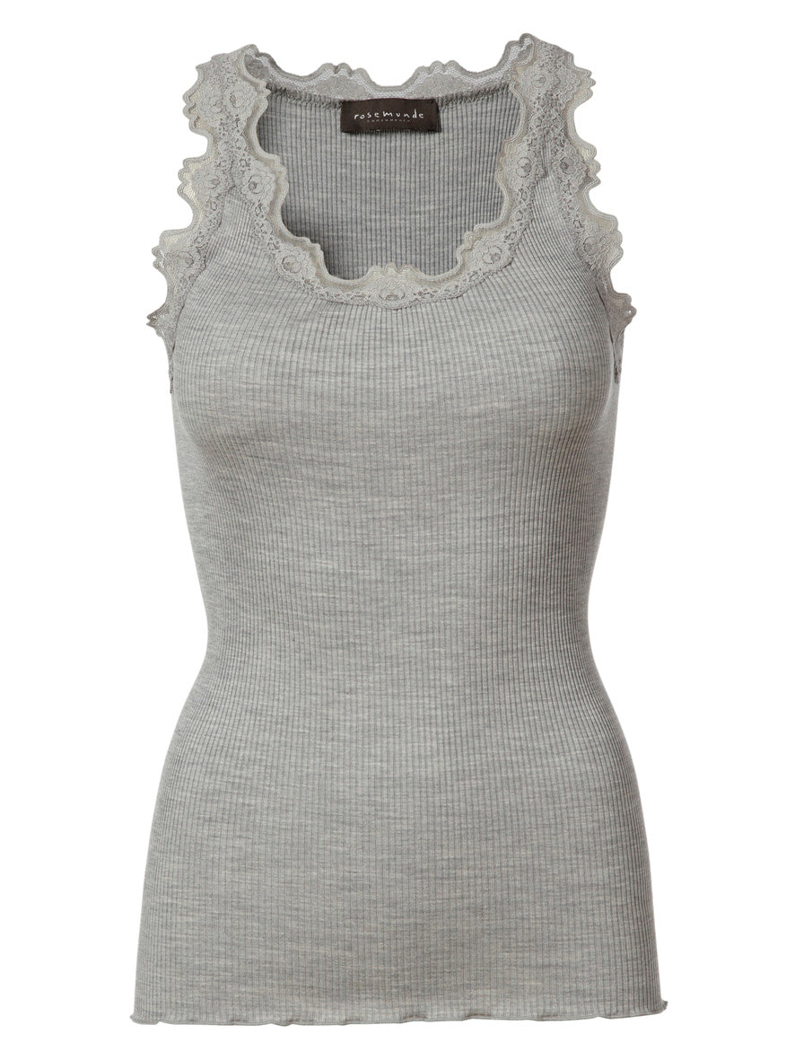 Silk top w/lace, light grey