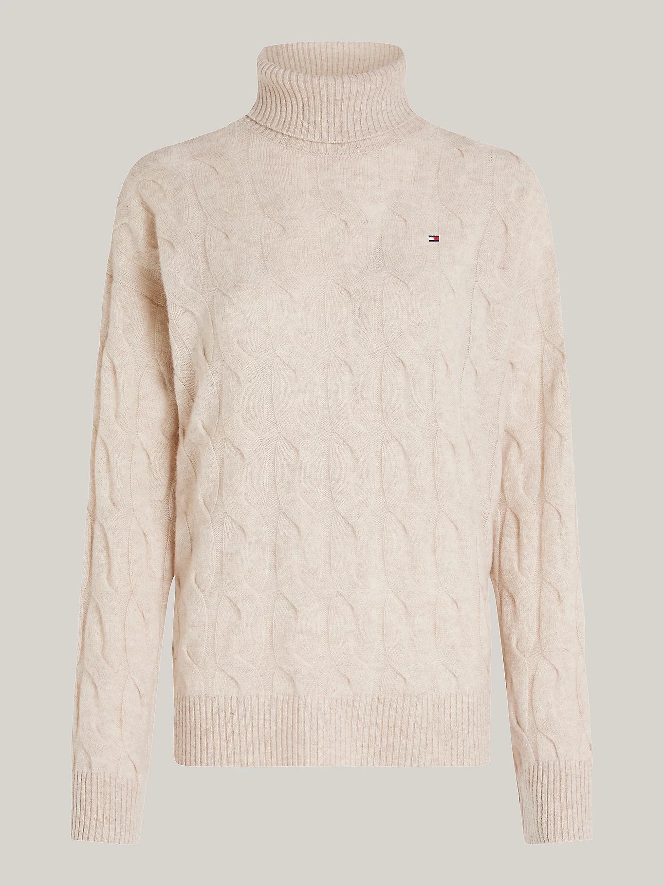 Soft Wool Cable Roll Neck, Classic Beige Heather