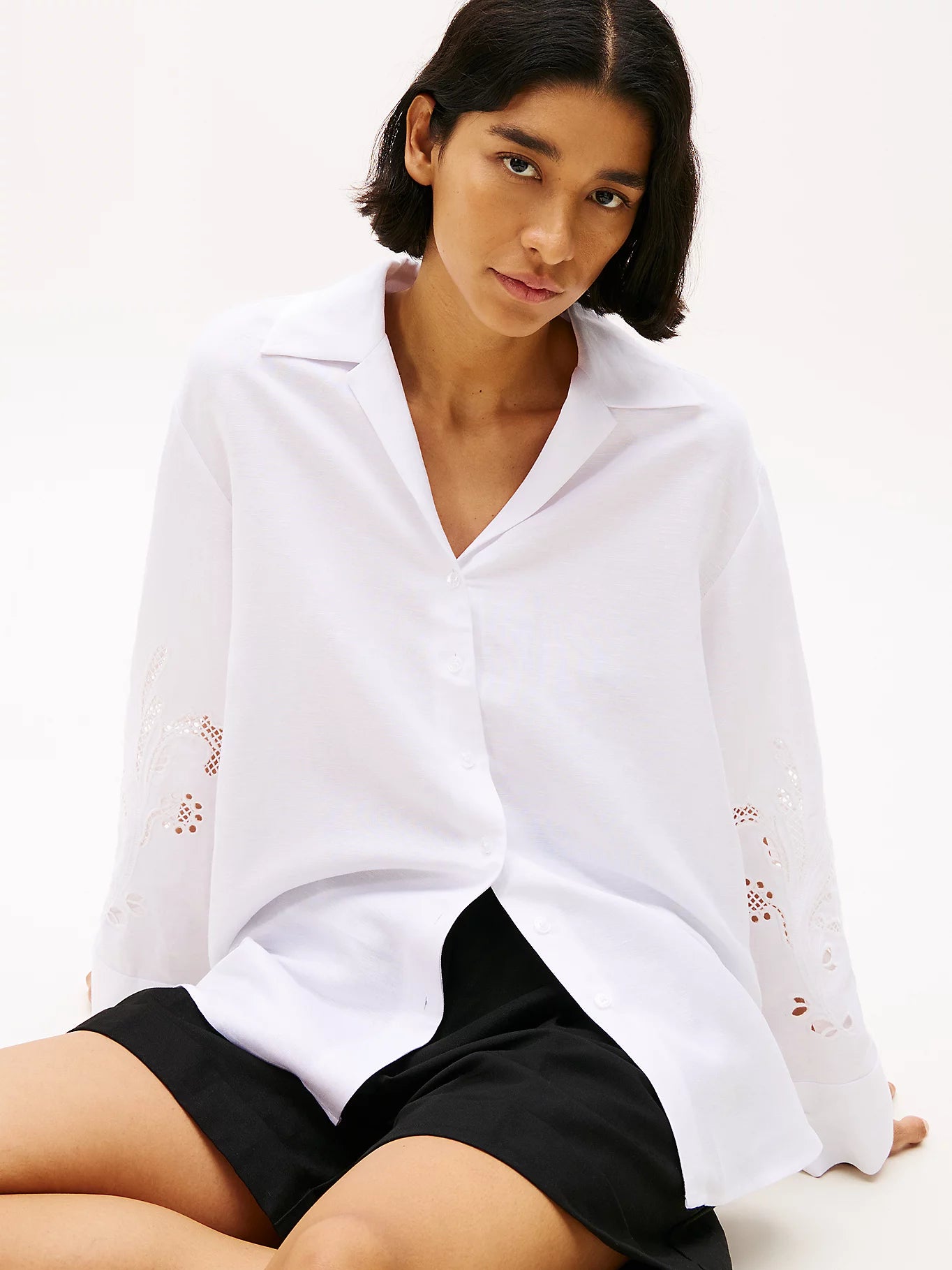 Broderie Anglaise Linen Shirt, Optic White