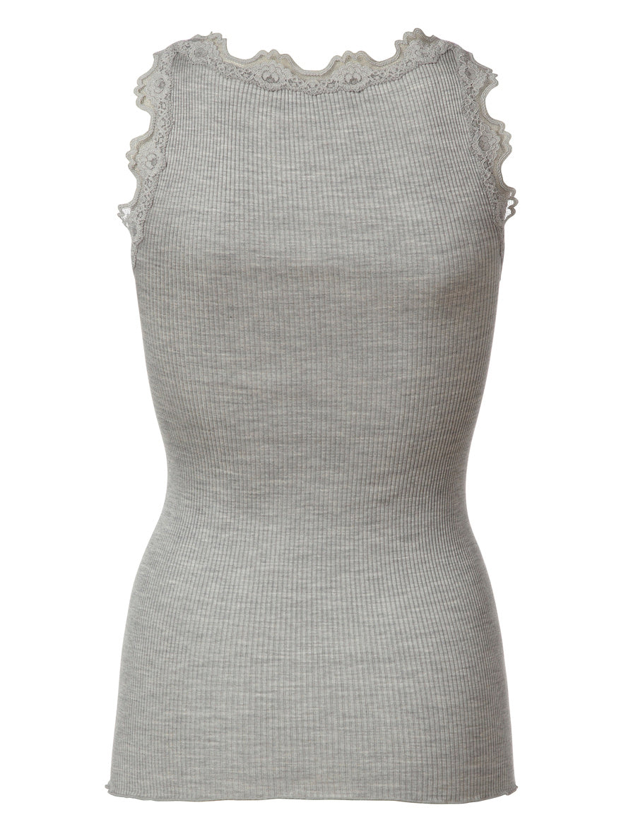 Silk top w/lace, light grey