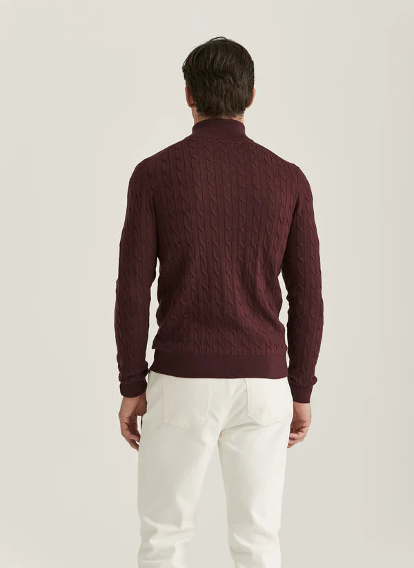 MERINO CABLE JOHN ZIP KNIT, WINE RED