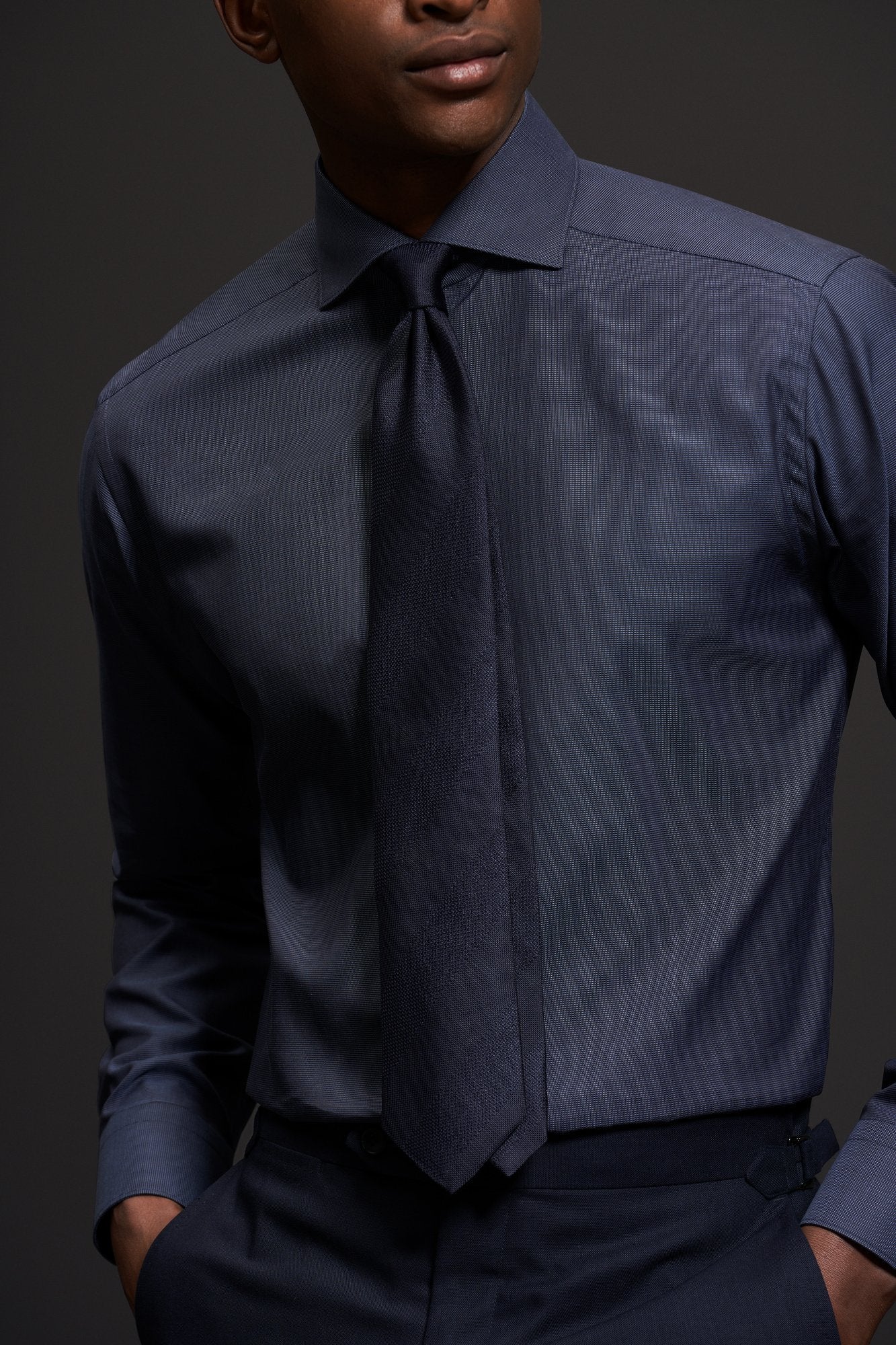 Semi Solid Signature Dobby Shirt, Slim, Navy Blue