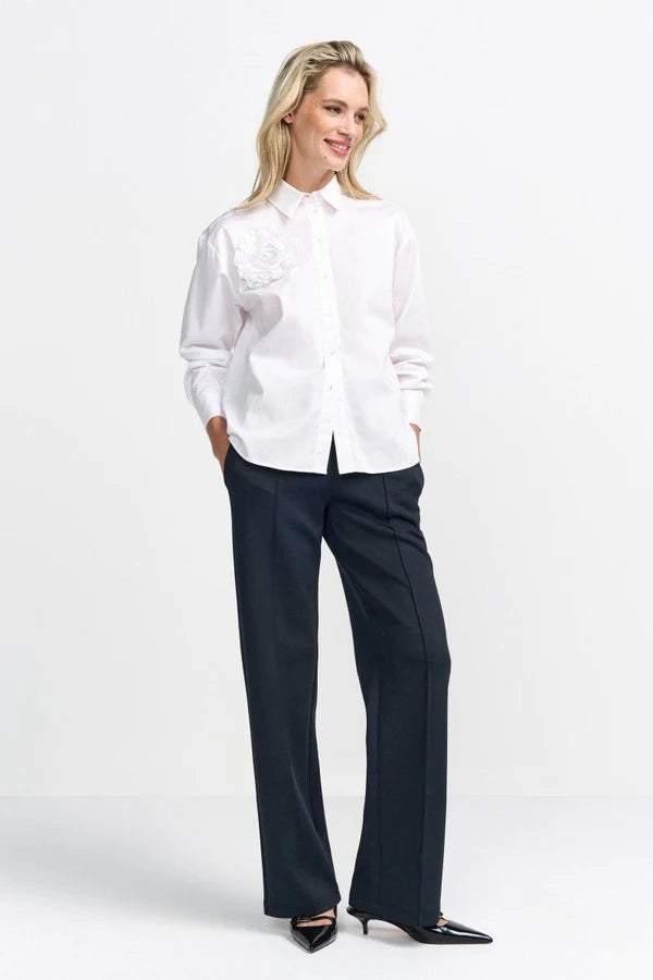 Cotton Blouse w/ flower detail, White