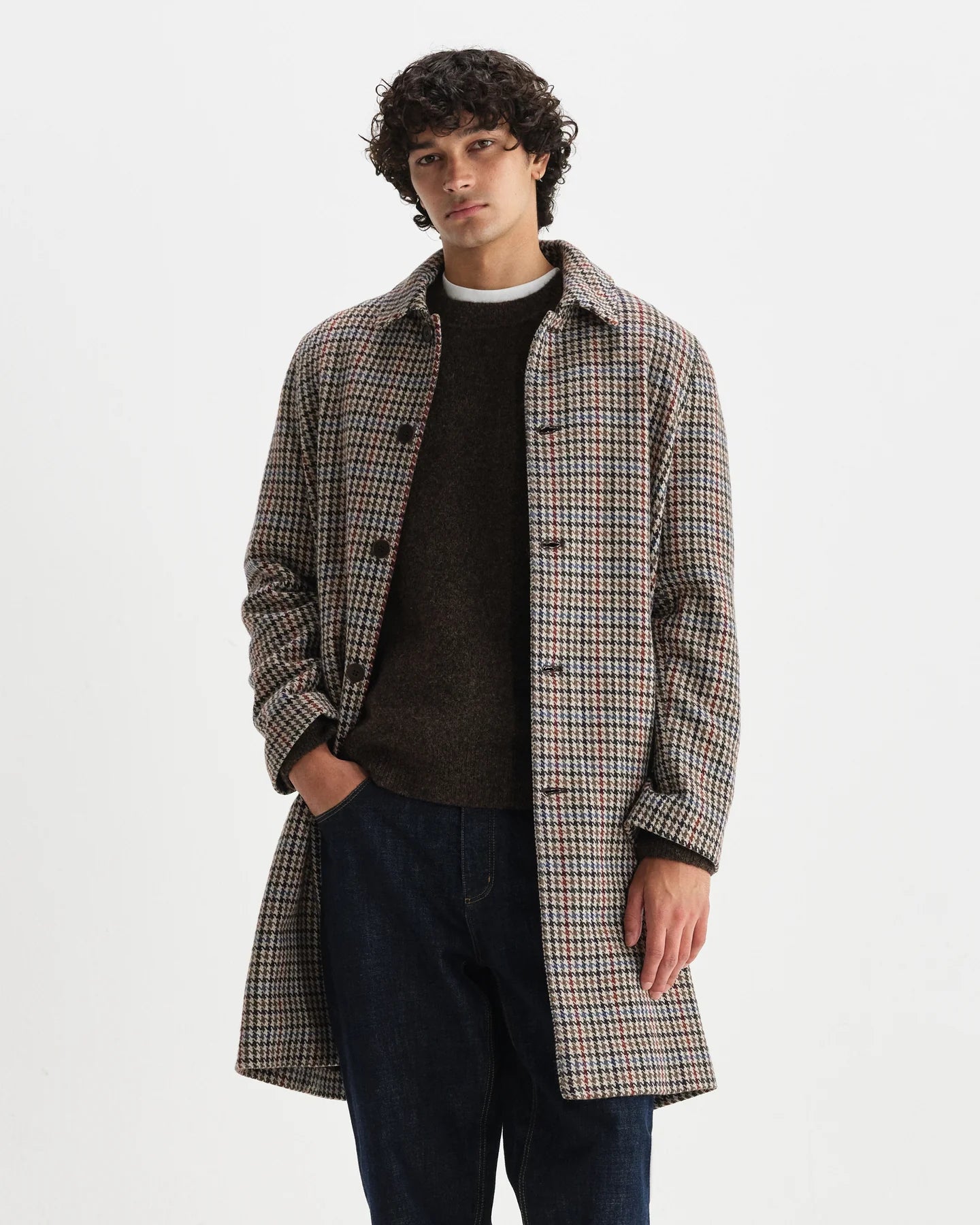 STAN HOUNDSTOOTH CHECK WOOL CAR COAT, NATURAL/MULTI