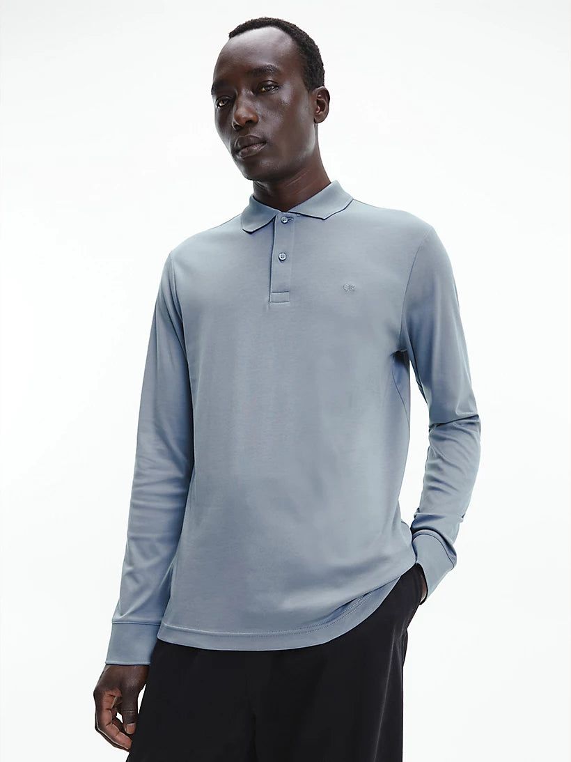 Smooth cotton slim LS polo, grey