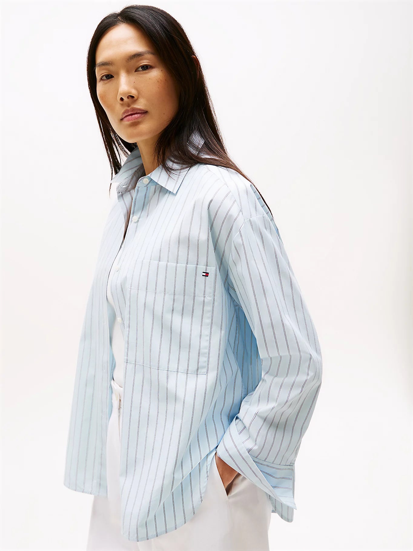 ESS Poplin New Easy Shirt, Textured Thin Stp/Breezy Blue