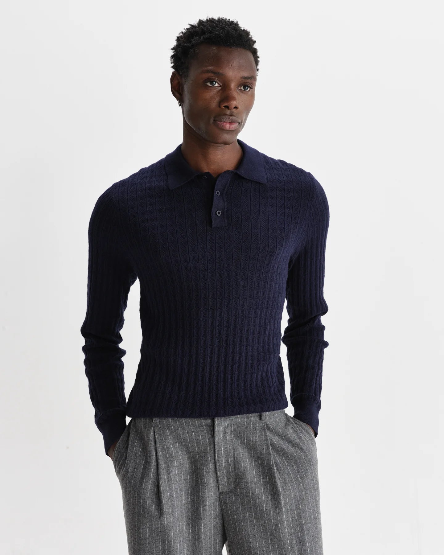 OBAN DIAMOND STRIPE KNITTED POLO, NAVY