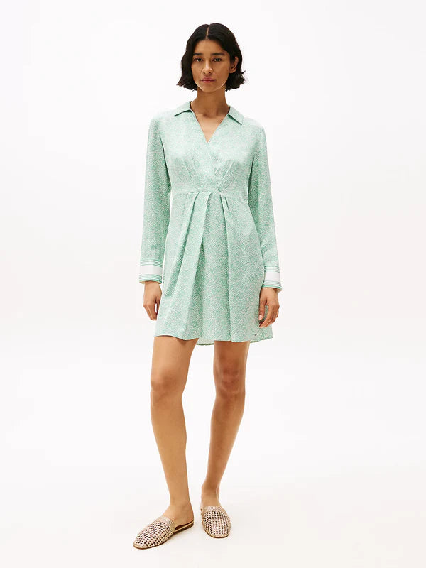 SATEEN KNOT SHORT DRESS, ILLUSTRATED WAVE/FORT GREEN