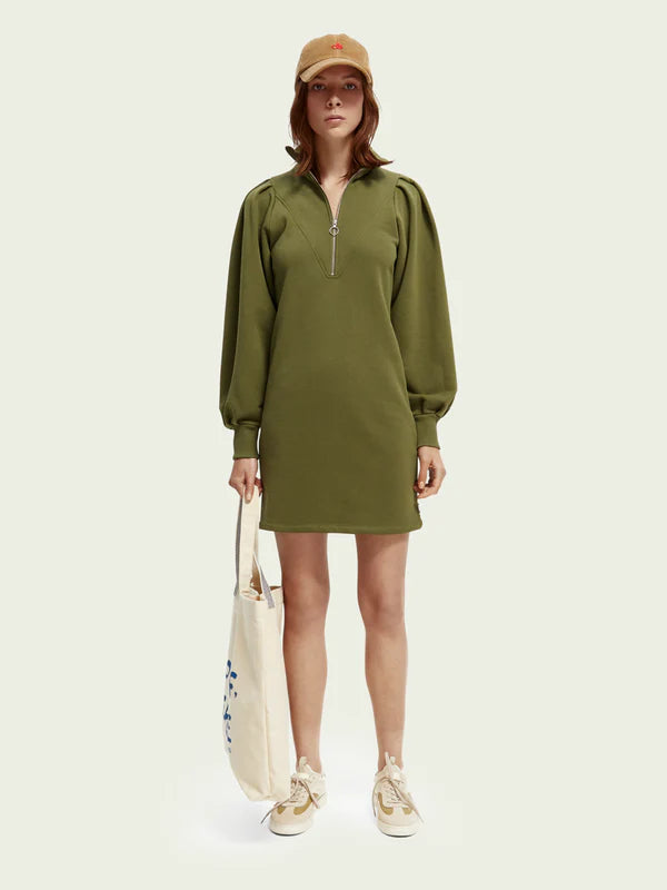 ZIPPED NECK SWEAT DRESS W/PUFFED SLEEVES, DARK OLIVE