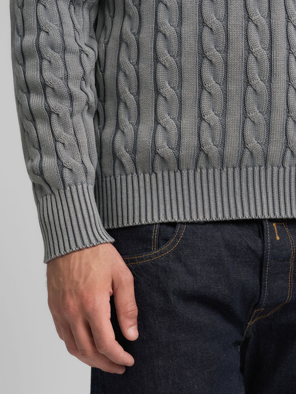 COTTON PULLOVER CABLE KNIT, STEEL GREY