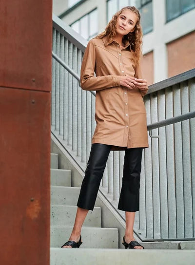 LONG SHIRT DRESS, SATIN BEIGE