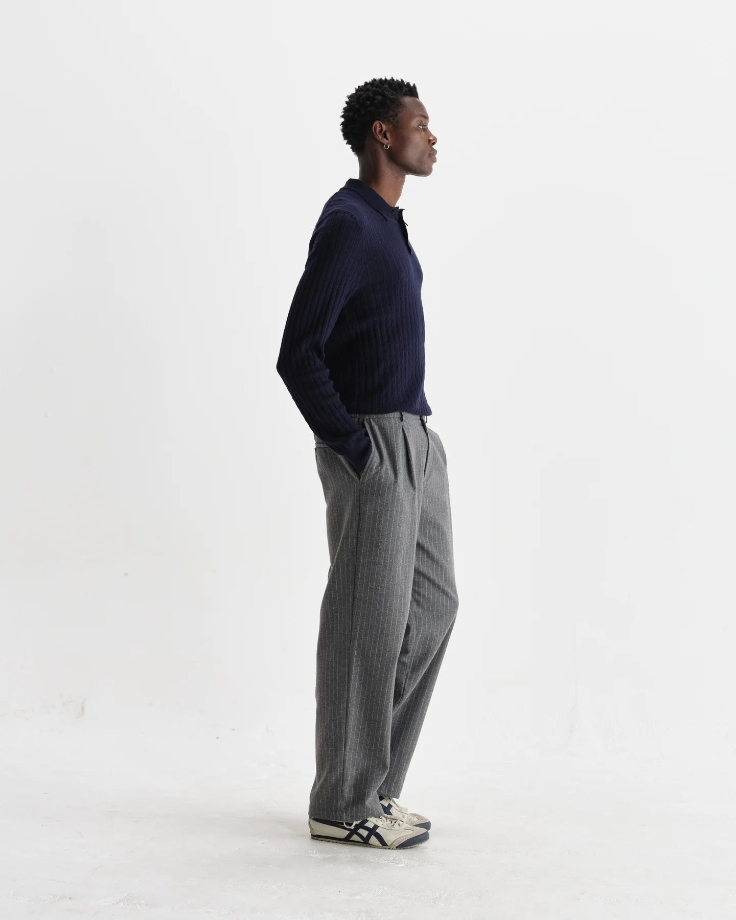 OBAN DIAMOND STRIPE KNITTED POLO, NAVY