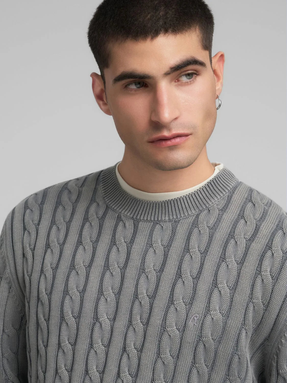 COTTON PULLOVER CABLE KNIT, STEEL GREY