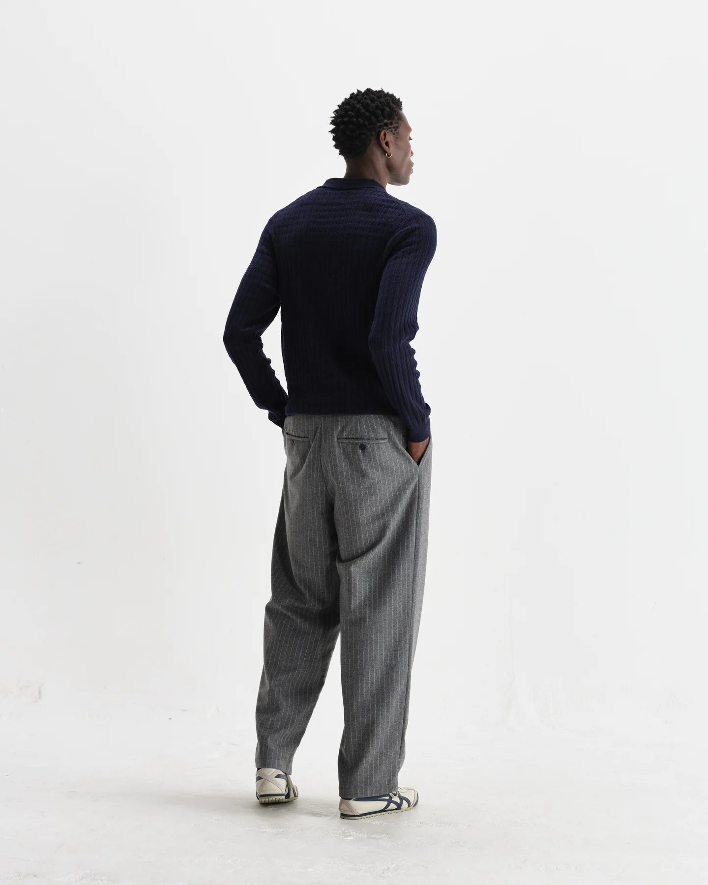 OBAN DIAMOND STRIPE KNITTED POLO, NAVY