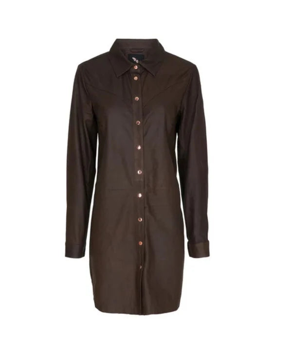LONG SHIRT DRESS, CHOCOLATE BROWN W/COPPER