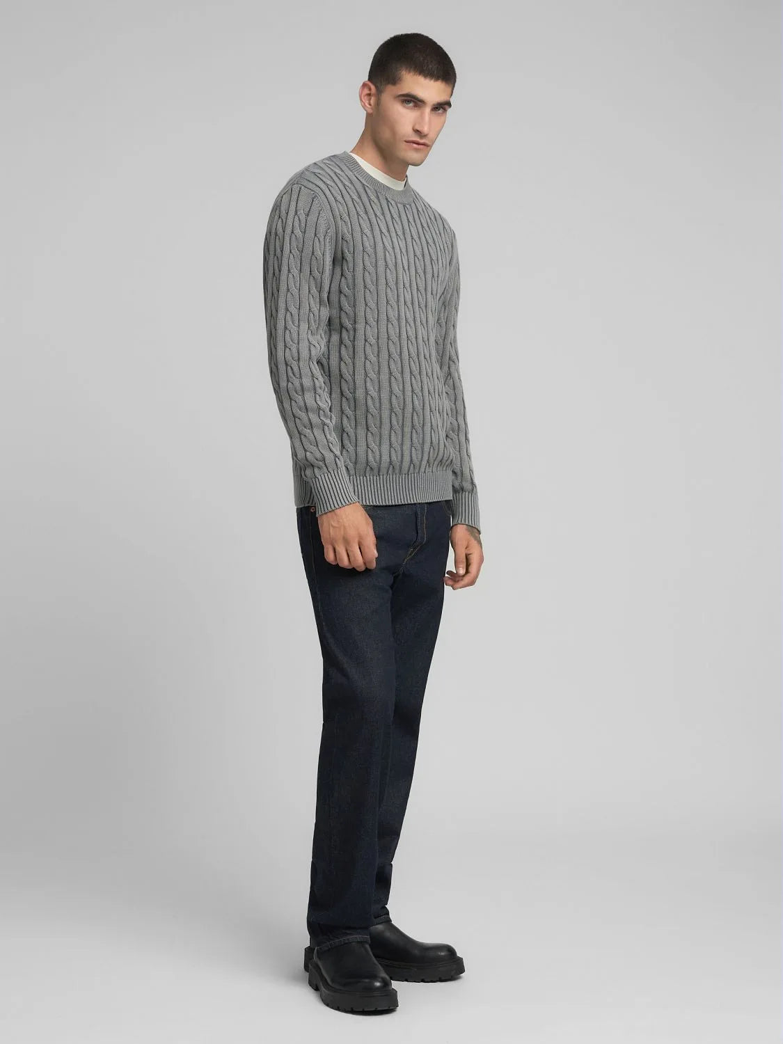 COTTON PULLOVER CABLE KNIT, STEEL GREY