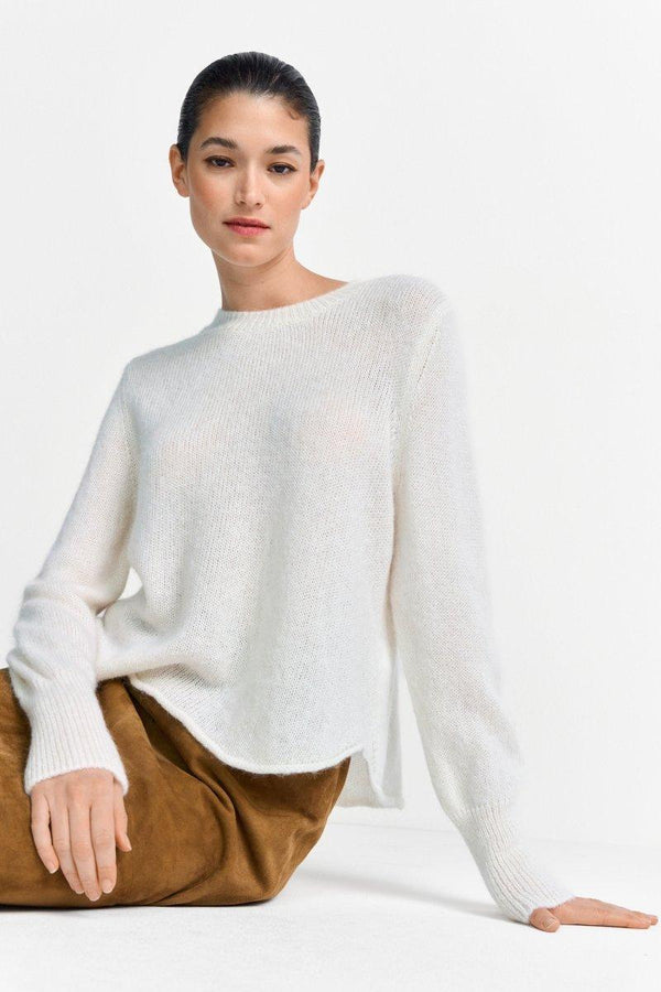 ASYMMETRICAL FINE KNIT SWEATER, PEARL WHITE