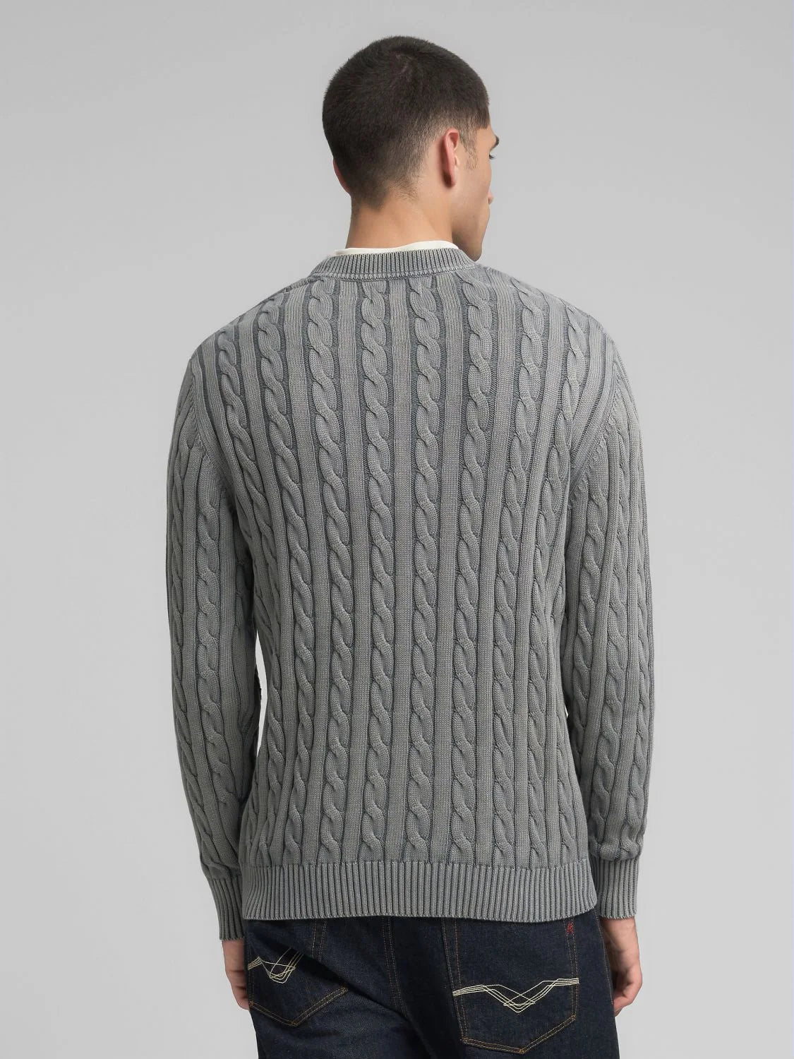 COTTON PULLOVER CABLE KNIT, STEEL GREY