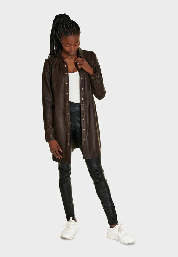 LONG SHIRT DRESS, CHOCOLATE BROWN W/COPPER