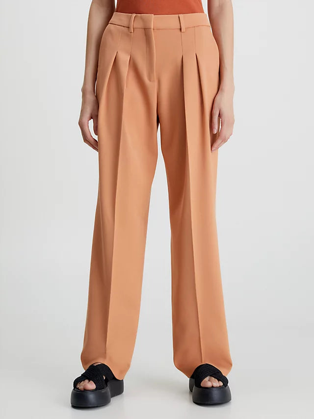 Wool twill pleated straight pant, terracotta