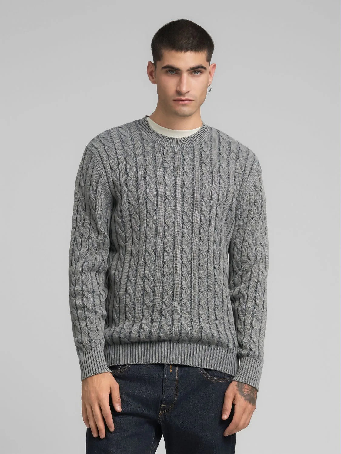 COTTON PULLOVER CABLE KNIT, STEEL GREY