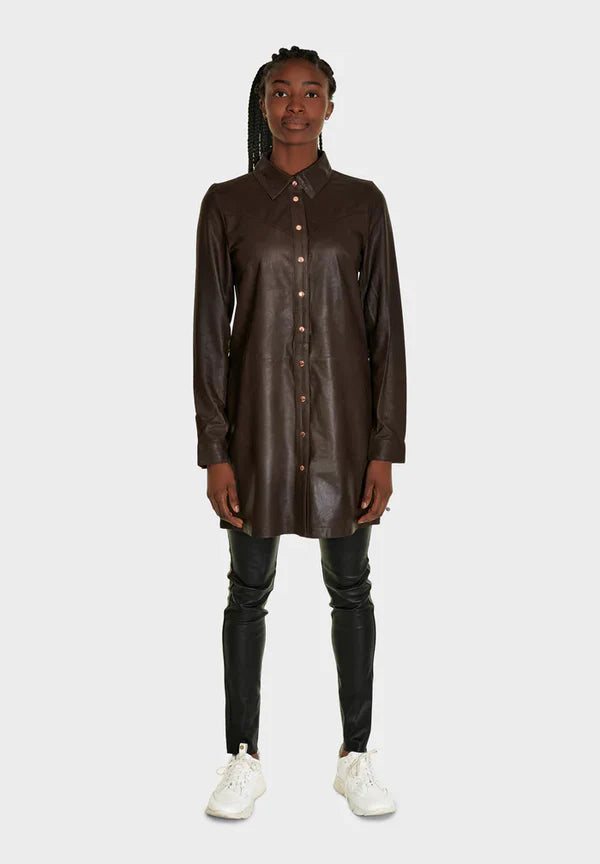 LONG SHIRT DRESS, CHOCOLATE BROWN W/COPPER