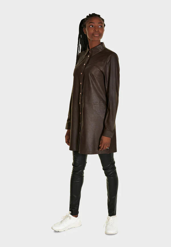 LONG SHIRT DRESS, CHOCOLATE BROWN W/COPPER