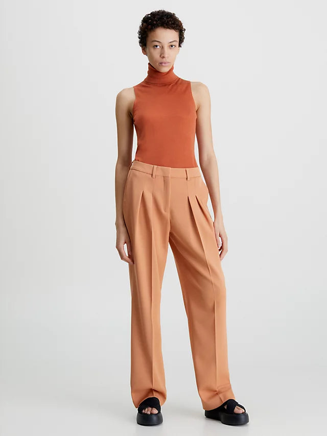 Wool twill pleated straight pant, terracotta