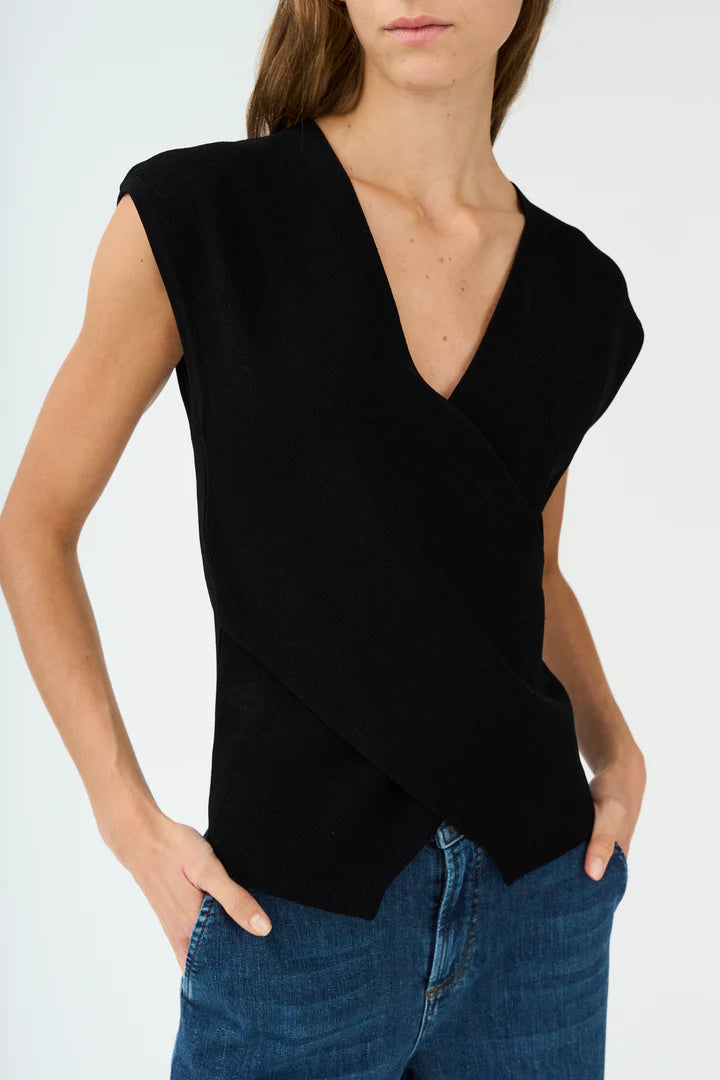 VIGGA CROSS-OVER KNIT TOP, BLACK