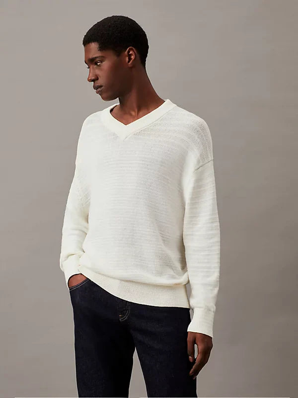 TAPE YARN V-NK SWEATER, EGRET