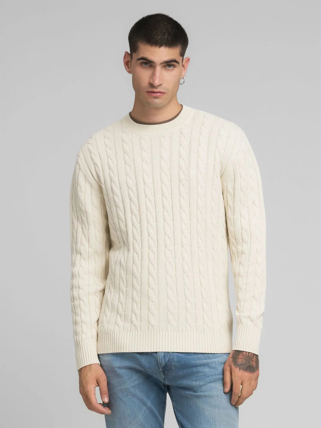 COTTON PULLOVER CABLE KNIT, ICE